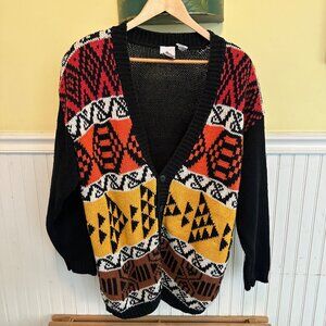 Canteen M Vintage Oversized Cardigan Sweater Geometric Pattern Black/Yellow